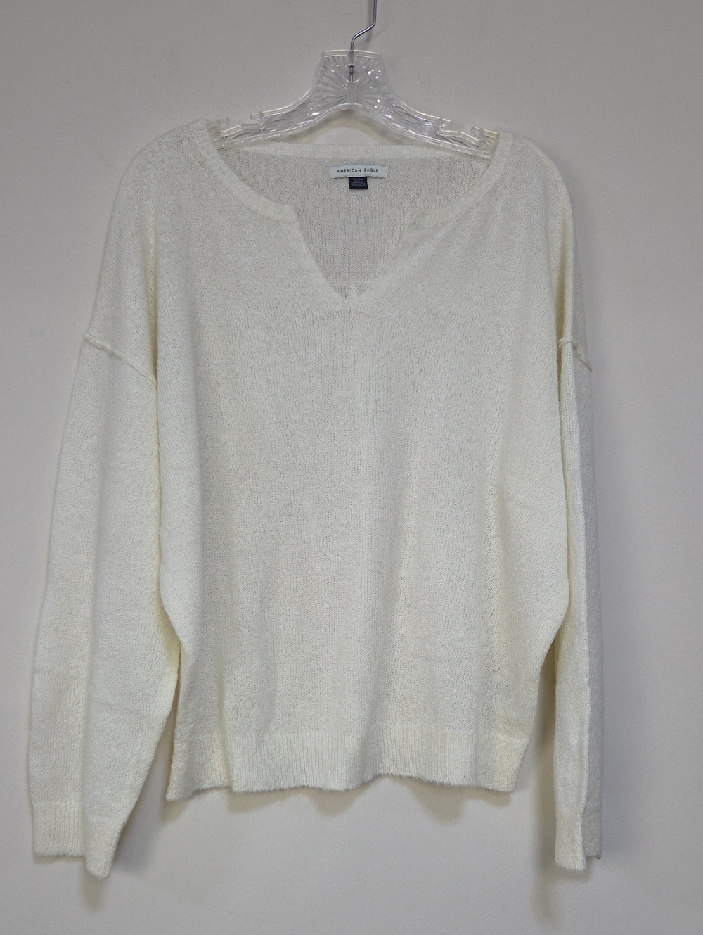 American Eagle Outfitters Ivory Fuzzy Notch Neck Lightweight Sweater